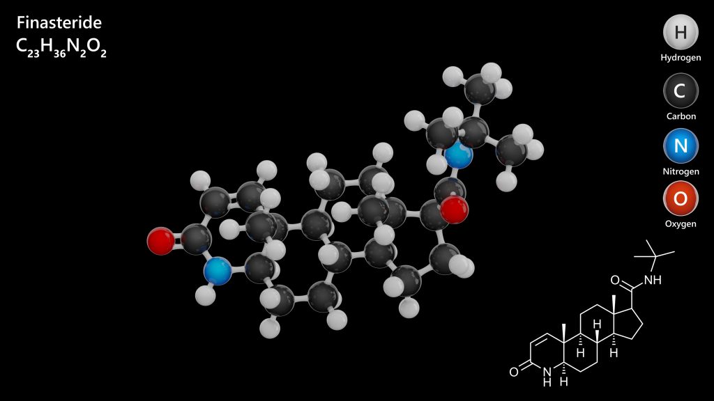 3D finasteride molecule illustrating how the drug blocks 5 alpha reductase in MHRA safety warning
